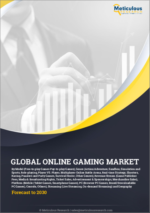 表紙：オンラインゲームの世界市場：モデル別（無料ゲーム、有料ゲーム）、ジャンル別、収益ストリーム別（メディア・放送権、広告・スポンサー、その他）、プラットフォーム別、ストリーミング別（ライブストリーミング、オンデマンドストリーミング、地域別－2030年までの予測