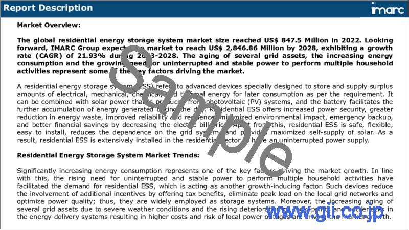 サンプル1：住宅用蓄電システム市場：技術タイプ、電力定格、所有形態、接続形態、地域別2023-2028