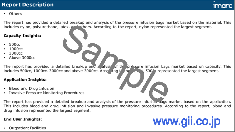 サンプル1：輸液加圧バッグ市場レポート：製品タイプ、素材、容量、用途、エンドユーザー別、2023-2028年