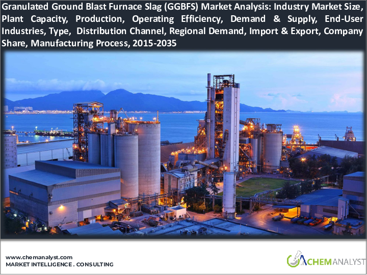表紙：高炉水砕スラグ微粉末（GGBFS）の世界市場分析：プラント生産能力、生産、運用効率、需要・供給、エンドユーザー業界、タイプ別の需要、販売チャネル、企業シェア、外国貿易、地域需要（2015年～2035年）
