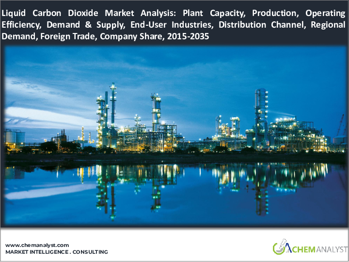 表紙：液化炭酸ガス（CO2）の世界市場分析：プラント生産能力、生産量、運用効率、需要・供給、最終用途、外国貿易、販売チャネル、地域別需要、企業シェア（2015年～2035年）