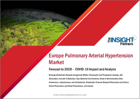 表紙：欧州の肺動脈性肺高血圧症市場の2028年までの予測- 地域別分析- 薬剤別、タイプ別、投与経路別、流通チャネル別