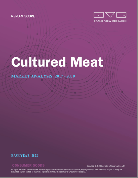 表紙：培養肉市場の規模、シェア、動向分析レポートソース別（鶏肉、牛肉、シーフード、豚肉、鴨肉）、エンドユース別（ナゲット、バーガー、ミートボール、ソーセージ、ホットドッグ）、地域別、セグメント別予測、2023～2030年