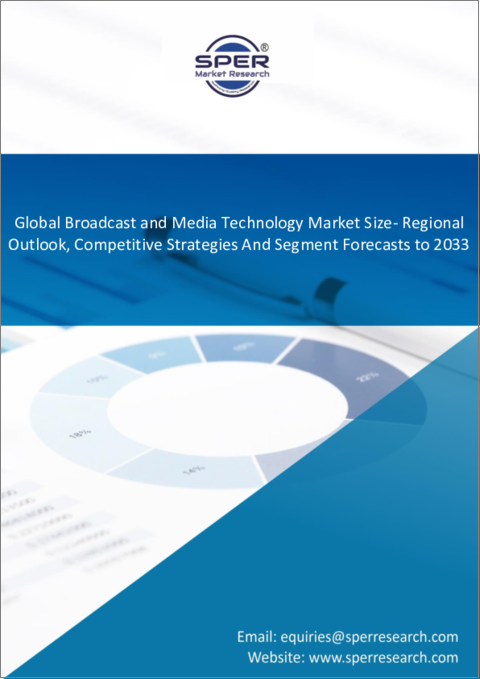 表紙：放送・メディア技術の世界市場：市場規模 - ホスティングモデル別、ソリューション別、コンポーネント別、エンドユーザー別、開発別、地域別展望、競合戦略、セグメント別予測（～2032年）