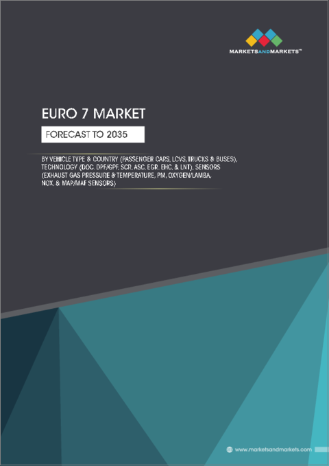 表紙：Euro 7規制対応の世界市場：車種別 (乗用車、LCV、HCV)・技術別 (DOC、DPF/GPF、SCR、ASC、EGR、EHC、LNT)・センサー別 (排気ガス圧・温度、PM、酸素・ラムダ、NOx、MAP/MAFセンサー)・国別の将来予測 (2035年まで)