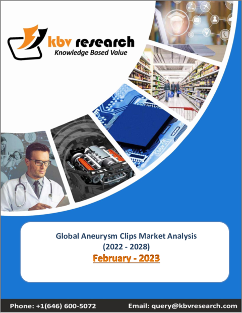 表紙：動脈瘤クリップの世界市場規模、シェア、産業動向分析レポート：材料別（チタン動脈瘤クリップ、ポリマー、その他）、最終用途別（病院、外来手術センター）、適応症別、地域別の展望・予測、2022～2028年