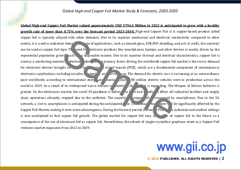 サンプル1：ハイエンド銅箔の世界市場の調査＆予測、タイプ別、用途別、地域別分析、2022-2029年