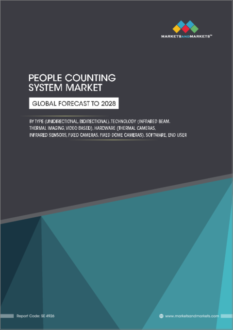 表紙：人数計測システムの世界市場：種類別・技術別・ハードウェア別・ソフトウェア別・エンドユーザー別の将来予測 (2028年まで)