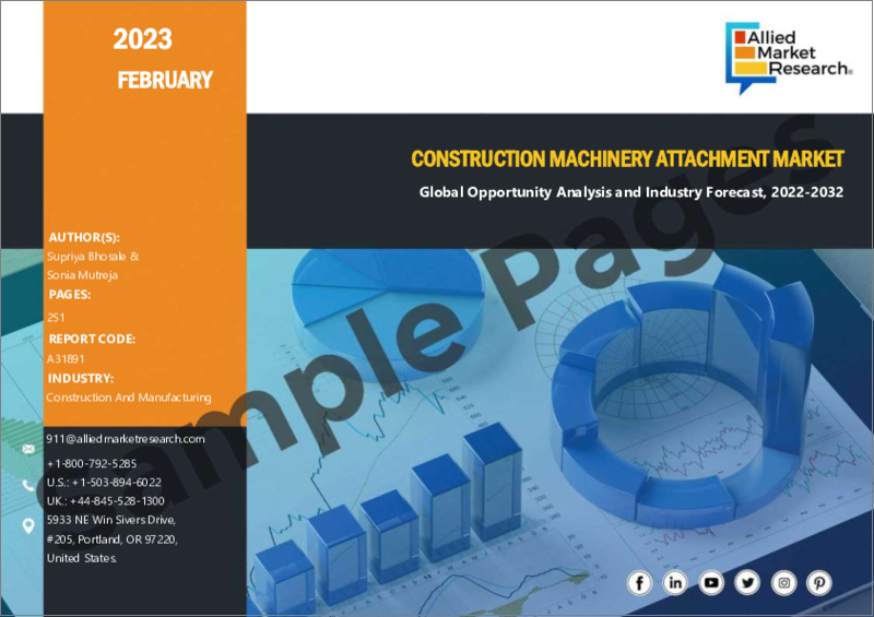 表紙：建設機械用アタッチメント市場：アタッチメントタイプ別、用途別、販売チャネル別、最終用途産業別：世界の機会分析および産業予測、2021-2031年