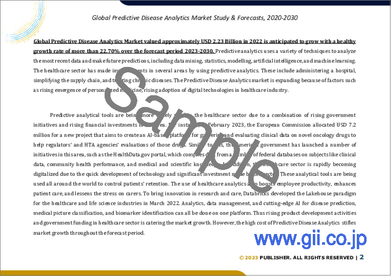 サンプル1：疾患予測分析の世界市場規模の調査・予測、コンポーネント別、展開別、エンドユーザー別、地域別分析、2022-2029年