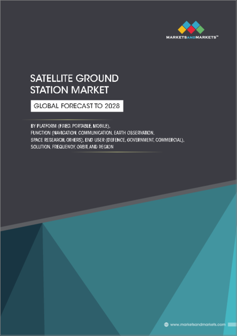 表紙：衛星地上局の世界市場：プラットフォーム別（固定、ポータブル、モバイル）、機能別（通信、地球観測、宇宙研究、ナビゲーション）、周波数別、軌道別、エンドユーザー別（防衛、政府、商業）、ソリューション別、地域別 - 2028年までの予測