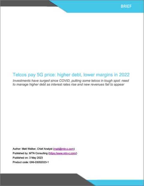 表紙：通信事業者による2022年の5Gへの代償 - 借入金の増加、マージンの低下：COVID以降、投資が急増し、一部の通信事業者は厳しい状況に- 金利上昇と新たな収益が見込めず、借入金増加を管理する必要がある