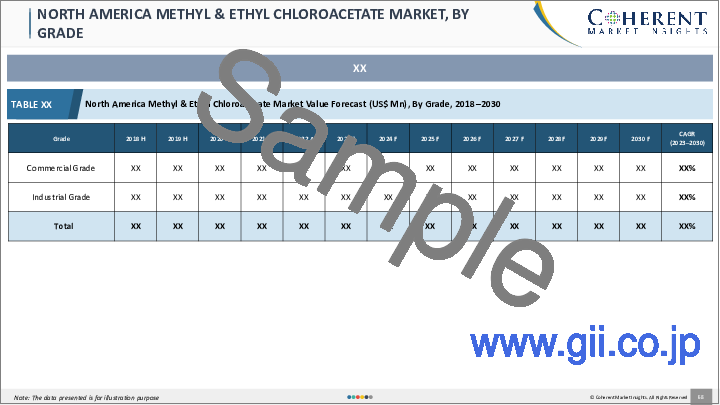サンプル2：クロロ酢酸メチルおよびクロロ酢酸エチル市場：製品タイプ別、グレード別、用途別、地域別-規模、シェア、展望、機会分析、2023～2030年