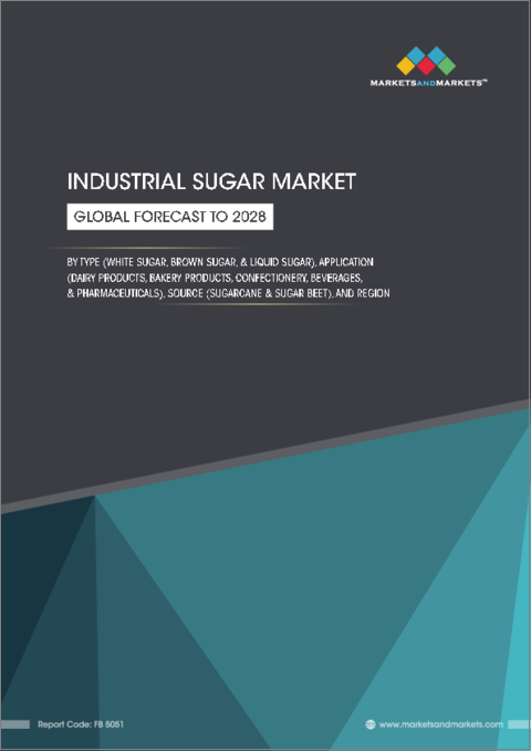 表紙：工業用砂糖の世界市場：タイプ別（白砂糖、黒砂糖、液糖）、用途別（乳製品、ベーカリー製品、菓子類、飲料、医薬品）、原料別（サトウキビ、テンサイ）、地域別 - 2028年までの予測