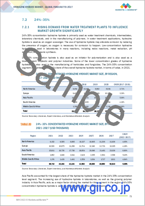 サンプル2：ヒドラジン水和物の世界市場：濃度別 (24%～35%、40%～55%、60%～85%、100%)・用途別 (重合剤・発泡剤、医薬品、農薬、水処理)・地域別 (アジア太平洋、北米、欧州) の将来予測 (2027年まで)