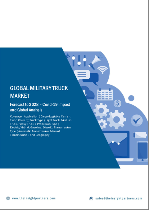 表紙：軍用トラック市場の2028年までの予測-用途、トラックタイプ、推進タイプ、トランスミッションタイプ別、世界分析