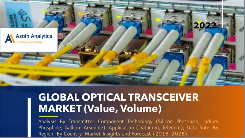 表紙：光トランシーバーの世界市場（2023年版）、金額と数量の分析、トランスミッター構成技術、用途、データレート：地域別、国別、市場の考察と予測（2018年～2028年）