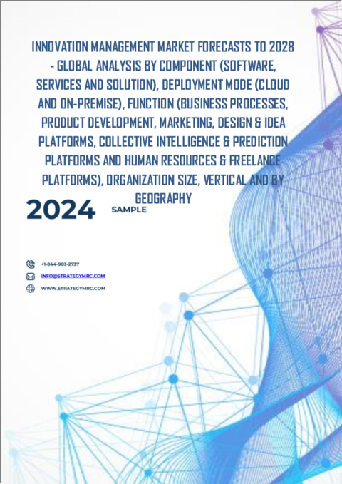 表紙：イノベーションマネジメント市場の2028年までの予測-コンポーネント、展開モード、機能、組織規模、業界別、地域別の世界分析