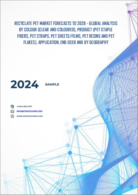 表紙：リサイクルPETの2028年までの市場予測- 色（クリア、カラー）、製品（PETステープルファイバー、PETストラップ、PETシート/フィルム、PET樹脂、PETフレーク）、用途、エンドユーザー、地域別の世界分析