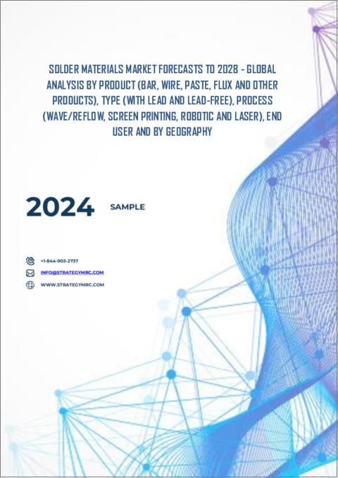 表紙：はんだ材料市場の2028年までの予測- 製品別（バー、ワイヤー、ペースト、フラックス、その他製品）、タイプ別（鉛入り、無鉛）、プロセス別（ウェーブ/リフロー、スクリーン印刷、ロボット、レーザー）、エンドユーザー別、地域別の世界分析