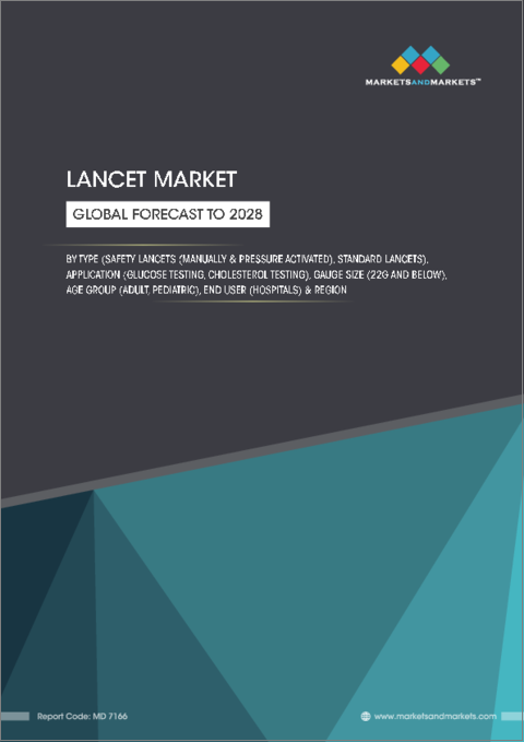 表紙：ランセットの世界市場：種類別 (セーフティランセット、標準型ランセット)・用途別・ゲージサイズ別・年齢層別・エンドユーザー別・地域別の将来予測 (2028年まで)