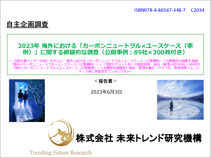 表紙：2023年 海外における「カーボンニュートラル×ユースケース（事例）」に関する網羅的な調査（公開事例：89社×300枚付き）