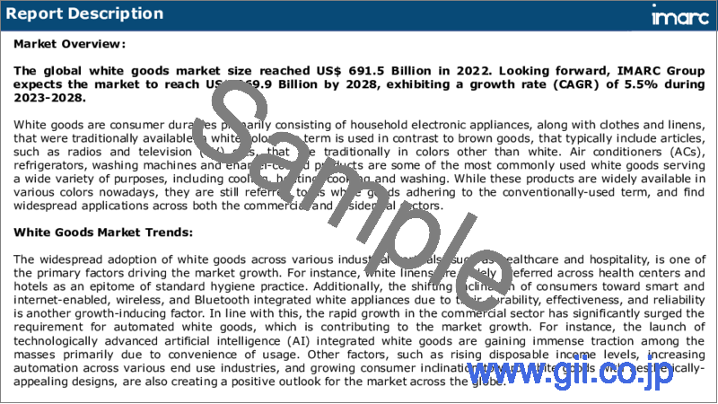 サンプル1：白物家電市場：世界の産業動向、シェア、規模、成長、機会、2023-2028年予測