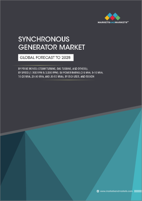 表紙：同期発電機の世界市場：原動機別 (蒸気タービン、ガスタービン)・速度別 (1,500RPM、3,000RPM)・電力定格別 (2～5MVA、5～10MVA、10～20MVA、20～30MVA、30～50MVA)・エンドユーザー別 (再生可能発電)・地域別の将来予測 (2028年まで)