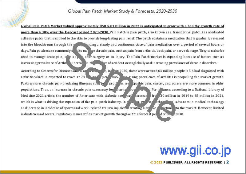 サンプル1：痛み止めパッチの世界市場規模調査＆予測：製品タイプ（非オピオイド＆オピオイドパッチ）、種類（処方薬＆OTC医薬品）、流通チャネル（病院薬局、ドラッグストア＆小売薬局、その他）、地域別分析、2023-2030年