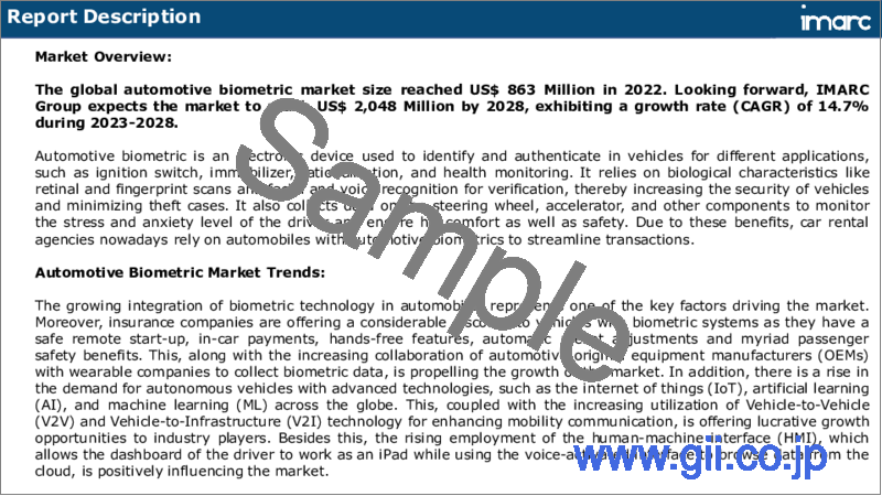 サンプル1：自動車用生体認証市場：世界の産業動向、シェア、規模、成長機会、2023-2028年予測