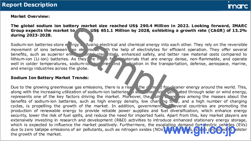 サンプル1：ナトリウムイオン電池市場：世界の産業動向、シェア、規模、成長、機会、2023-2028年予測