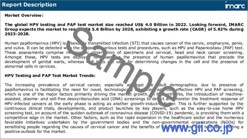 サンプル1：HPV検査およびパップテスト市場：世界の産業動向、シェア、規模、成長機会、2023-2028年予測