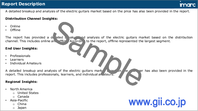 サンプル1：エレキギターの市場：タイプ別、価格別、流通チャネル別、エンドユーザー別、地域別 2023-2028