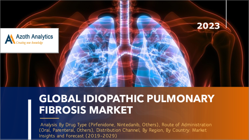 表紙：特発性肺線維症の世界市場：薬剤タイプ別、投与経路別、流通チャネル別、地域別、国別の分析、市場考察、予測