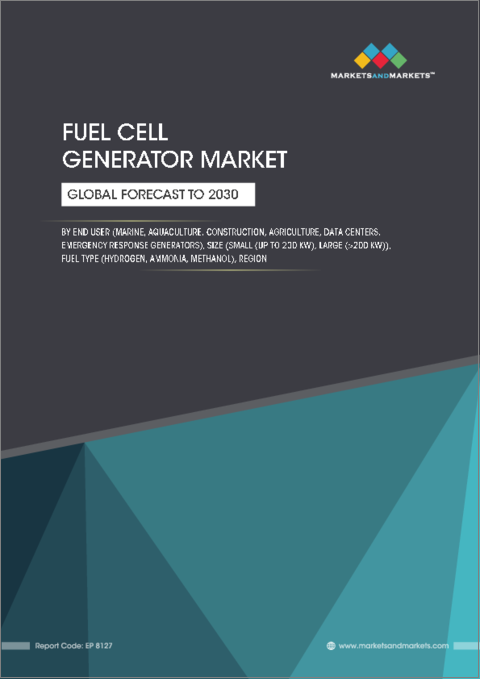 表紙：燃料電池発電機の世界市場：エンドユーザー別 (海洋、水産養殖、建設、農業、データセンター、緊急対応発電機)・サイズ別 (小型 (200kWi以下)、大型 (200kW以上))・燃料の種類別 (水素、アンモニア、メタノール)・地域別の将来予測 (2030年まで)