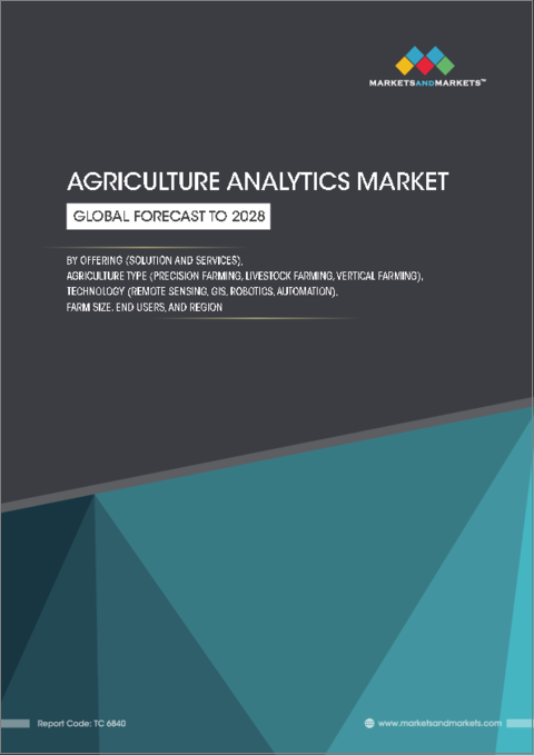 表紙：農業アナリティクスの世界市場：提供別・農業の種類別・技術別・農場の規模別・エンドユーザー別・地域別の将来予測 (2028年まで)