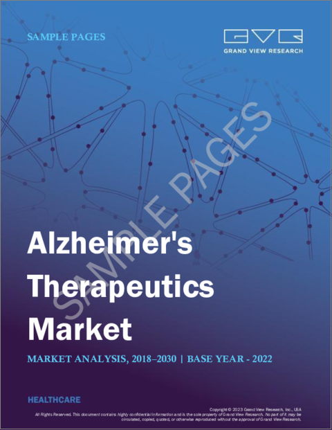 表紙：アルツハイマー治療薬の市場規模、シェア、動向分析：製品別、エンドユーザー別、地域別、セグメント予測、2023年～2030年