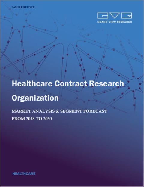 表紙：ヘルスケア受託研究機関の市場規模、シェア、動向分析レポート：タイプ別（創薬、前臨床、臨床）、サービス別（臨床モニタリング、データ管理）、地域別、セグメント予測：2023年～2030年