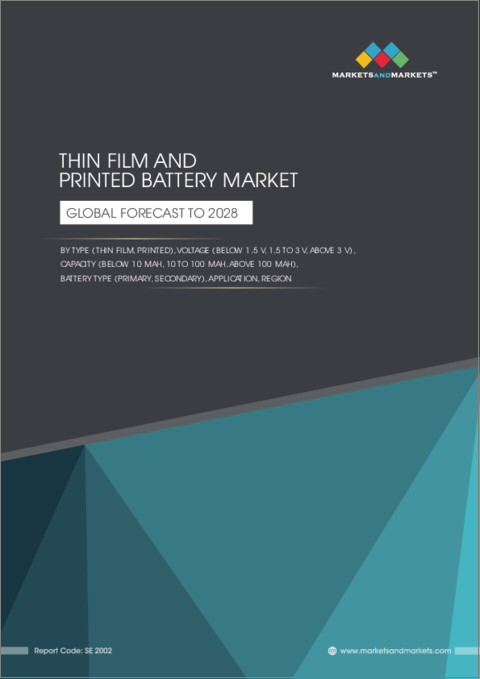 表紙：薄型・プリント電池の世界市場：種類別 (薄型、プリント)・電圧別 (1.5V未満、1.5～3V、3V超)・容量別 (10mAh未満、10～100mAh、100mAh超)・電池の種類別 (一次電池、二次電池)・用途別・地域別の将来予測 (2028年まで)