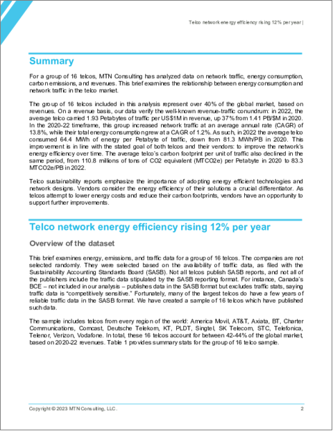 表紙：通信ネットワークのエネルギー効率は年率12％上昇：消費エネルギー1MWhあたりのトラフィックは2020年の12.3TBから、2022年には15.5TBとなるがコスト削減と排出抑制にはさらなる効率化が不可欠