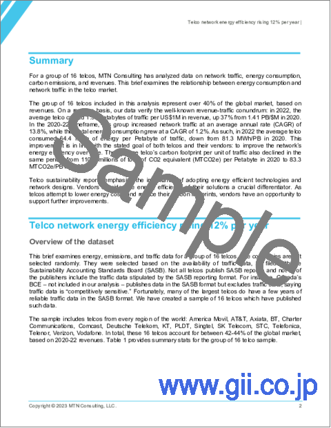 サンプル1：通信ネットワークのエネルギー効率は年率12％上昇：消費エネルギー1MWhあたりのトラフィックは2020年の12.3TBから、2022年には15.5TBとなるがコスト削減と排出抑制にはさらなる効率化が不可欠