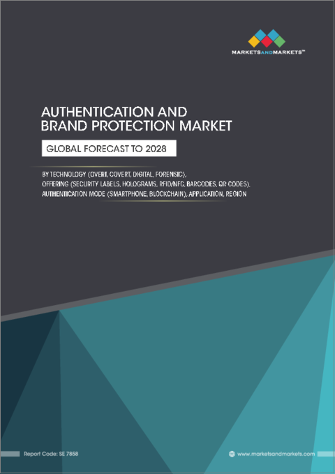 表紙：認証およびブランド保護の世界市場 (～2028年)：技術 (明示的・非明示的・デジタル・法医学)・提供製品 (セキュリティラベル・ホログラム・RFID/NFC・バーコード・QRコード)・認証モード (スマートフォン・ブロックチェーン)・用途・地域別
