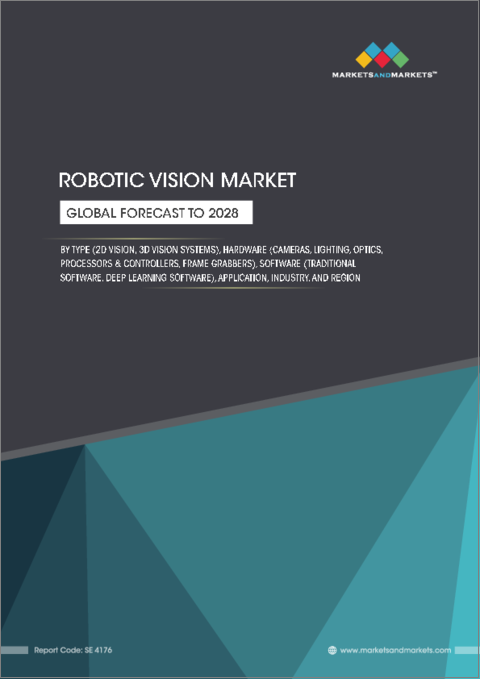表紙：ロボットビジョンの世界市場 (～2028年)：タイプ (2Dビジョン・3Dビジョンシステム)・ハードウェア (カメラ・照明・光学・プロセッサー＆コントローラー・フレームグラバー)・ソフトウェア (従来型ソフトウェア・ディープラーニングソフトウェア)・用途・産業・地域別