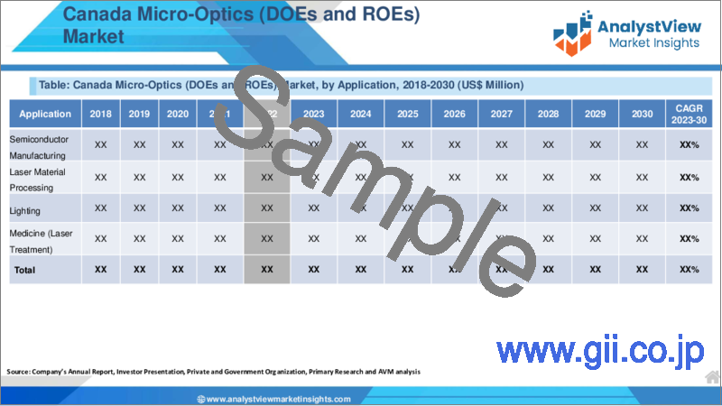 サンプル1：マイクロオプティクス（DOEとROE）市場：製品タイプ別、用途別、エンドユーザー別、国別、地域別- 産業分析、市場規模、市場シェア、2023-2030年予測