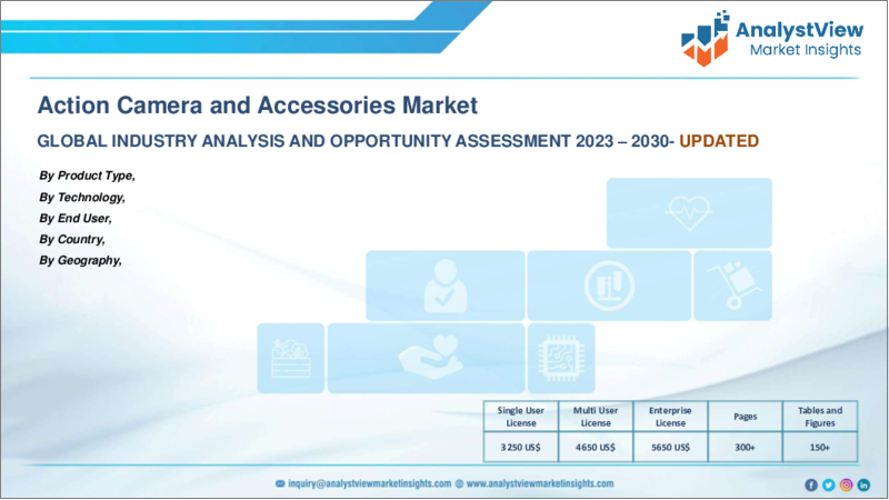 表紙：アクションカメラ・付属品市場：製品タイプ別、技術別、エンドユーザー別、国別、地域別- 産業分析、市場規模、市場シェア、2023～2030年の予測