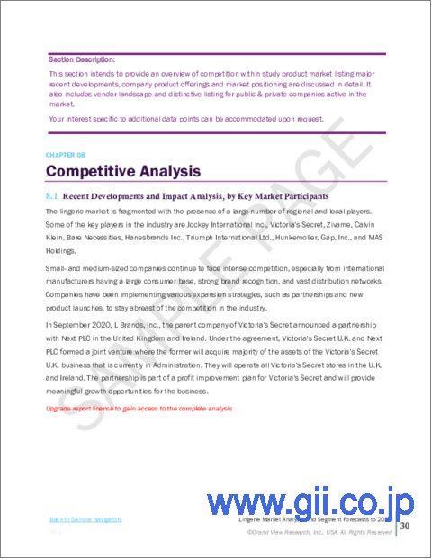 サンプル2：ランジェリーの市場規模、シェア、動向分析レポート：製品タイプ別、流通チャネル別、地域別、セグメント予測：2023年～2030年