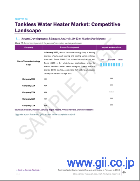サンプル2：タンクレス給湯器の市場規模、シェア、動向分析レポート：製品別、用途別、地域別、セグメント予測：2023年～2030年