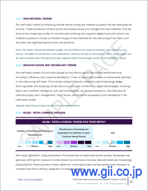 サンプル1：クラフトソーダの市場規模、シェア、動向分析レポート：フレーバー別、パッケージ別、流通チャネル別、地域別、セグメント予測：2023年～2030年