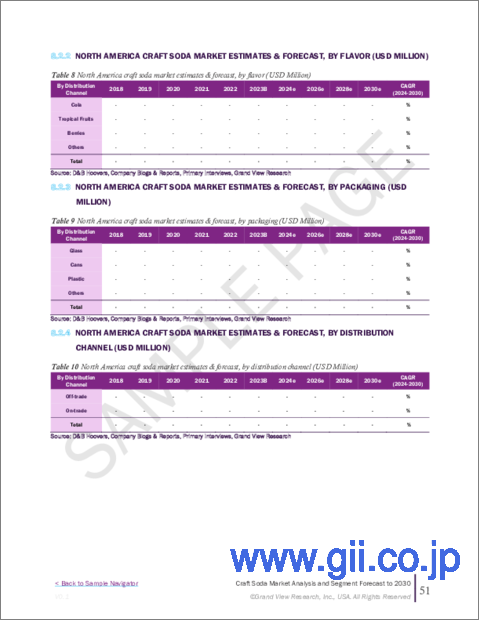 サンプル2：クラフトソーダの市場規模、シェア、動向分析レポート：フレーバー別、パッケージ別、流通チャネル別、地域別、セグメント予測：2023年～2030年