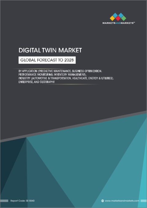 表紙：デジタルツインの世界市場：用途別（予知保全、業務最適化、性能監視、在庫管理）、業界別（自動車・輸送、ヘルスケア、エネルギー・公益事業）、企業別、地域別-2028年までの予測
